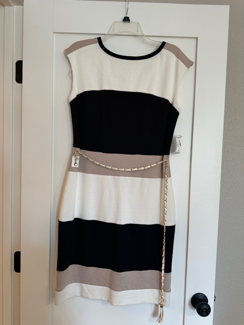 White House Black Market Black, White & Taupe Striped Midi Dress